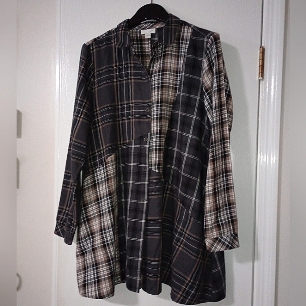 J. Jill Mixed Patchwork Multi Neutral Button Up T… - image 1